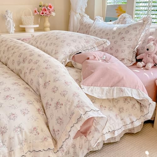 HighBuy French Ruffle Duvet Cover Queen Size,100% Cotton Soft Farmhouse Floral Chic Cottagecore Pink Bedding Set Breathable,Durable Comforter Cover Set - 1 Duvet Cover 2 Pillowcases