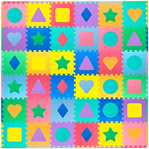 ProSource Kids Foam Puzzle Floor Play Mat with Shapes & Colors 36 Tiles, 12"x12" and 24 Borders