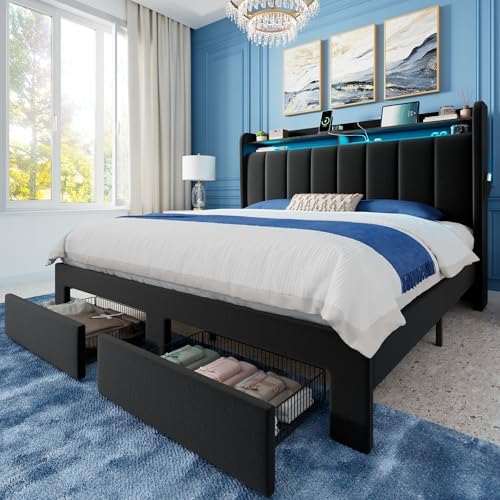 Allewie Full Size Bed Frame with 2-Tier Storage Headboard & 2 Large Drawers