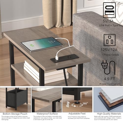 sthmec Narrow Side Table with Charging Station Set of 2, Small End Table for Small Spaces, Skinny Nightstands Set 2 with Storage Basket, 3 Tier Sofa Bedside Tables for Living Room,Bedroom, Grey