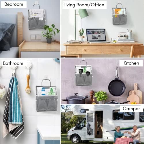 Kanrichu 3pcs Wall Hanging Organizer Bag, Linen Fabric Door Hanging Storage Basket with Pockets, Waterproof Bin for Kitchen, Bedroom, Office, RV Camper (Gray)