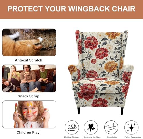 HAOYONG 2 Piece Wingback Chair Covers Stretch Wing Chair Slipcover Printed Wing Back Chair Covers with Arms Washable Spandex Fabric Armchair Cover Protection Furniture for Living Room and Bedroom