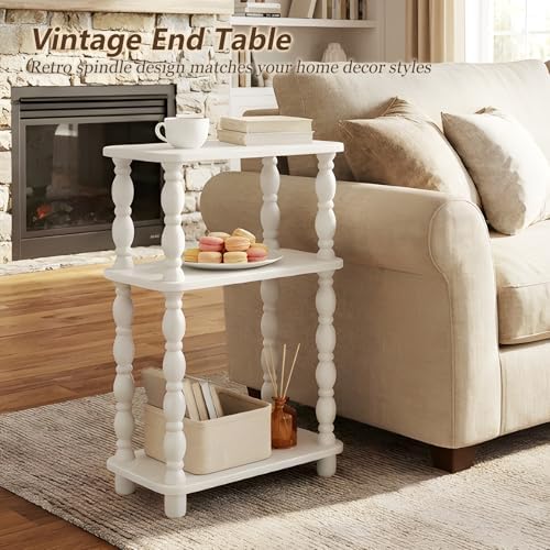 Narrow Side Table, Farmhouse Side Tables, 3-Tier Small End Table for Living Room, Couch Side Table for Skinny Spaces, Bedside Table Nightstand for Bedroom(White)