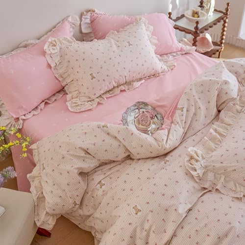 Floral Duvet Cover Full Size 100% Cotton Lace Trim Comforter Cover Full Ruffle Vintage Boho Zipper Duvet Cover Set with 2 Pillow Cases Chic Aesthetic Bedding Set for Girls Duvet Protector