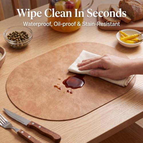 Oval Placemats Set of 12, Wipeable Faux Leather, Soft Apricot