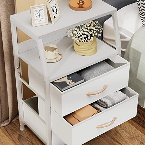 Furnulem White Night Stand with 3 Fabric Drawers , Small Bedside Table