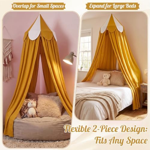 Bed Canopy with Scalloped Edge, 2 Panel Striped, Camel