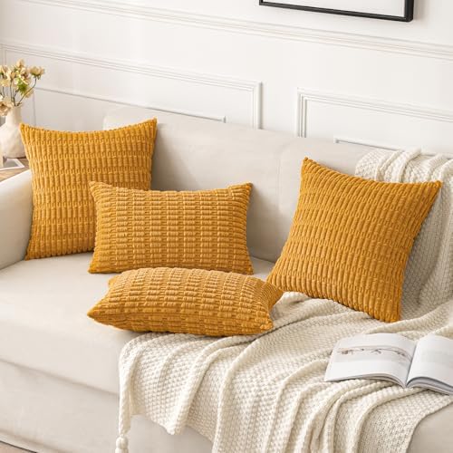MIULEE Corduroy Decorative Throw Pillow Covers 18x18 Gold Yellow Pack of 2