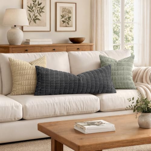 MIULEE Lumbar Corduroy Throw Pillow Cover for Bed 14x36 Dark Grey