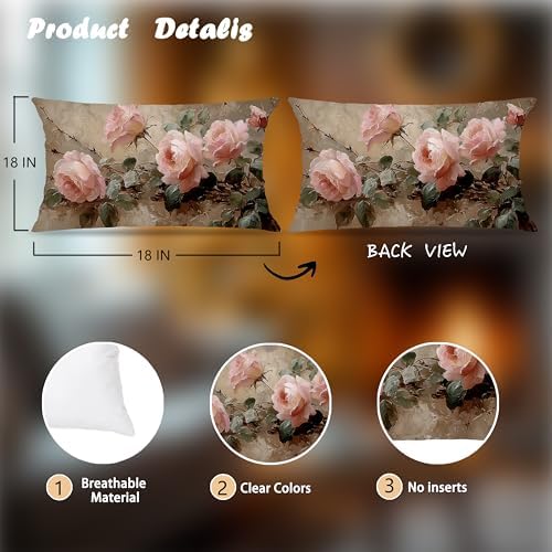 Vintage Pink Rose Floral Throw Pillow Covers Decor 12x20, Shabby Chic Rustic Cottagecore Decorative Rectangle Throw Pillow Covers, Gifts for Room Couch Double-Sided Set of 4