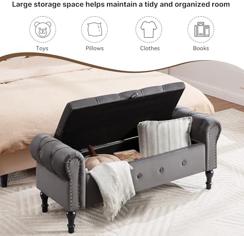 Storage Bench 51" Velvet End of Bed Benches Dark Grey