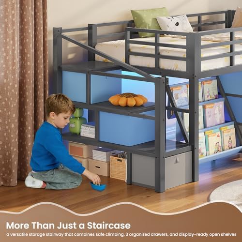 Low Loft Bed Twin Size with 9 Storage Drawers, Bookcase and LED Lights, Metal Kids Loft Bed with Wide Staircase, Open Shelves and Safety Guardrail, Twin Loft Bed with Under-Bed Playhouse, Grey