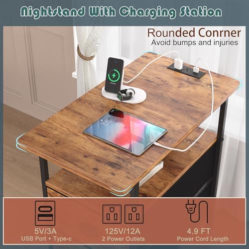 sthmec End Table with Charging Station, Narrow Side Table with 2 Drawers, LED Nightstands with Drawers, USB Ports&Power Oulets,Slim Sofa Side Tables for Small Spaces,Living Room,Bedroom,Rustic Brown