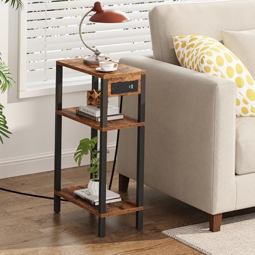 TUTOTAK Narrow Side Table, 3-Tier Small End Table with Charging Station
