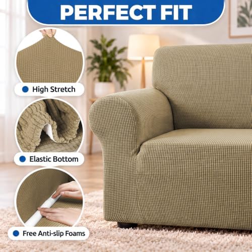 KEKUOU Stretch Loveseat Couch Cover, 2 Cushion Couch Slipcover,Tan