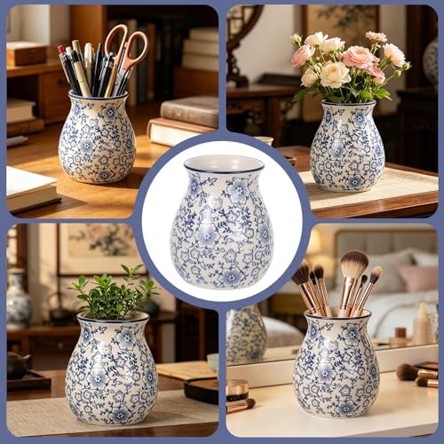 Kitchen Ceramic Utensil Holder 6" Chinoiserie Blue Floral Utensil Crock for Countertop Cooking Tools Storage Organizer for Spatula Spoon Farmhouse Decor Housewarming Gift