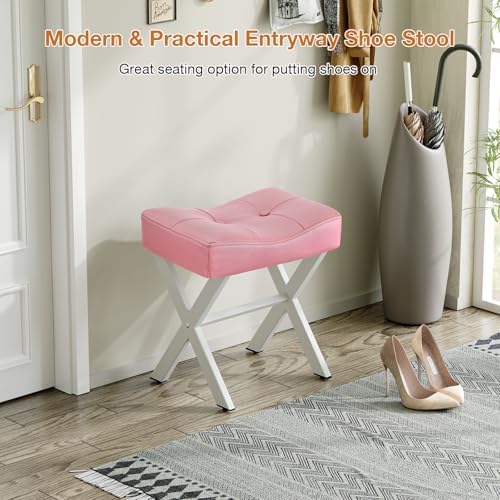 Memobarco 18-Inch Leather Vanity Stool Chair, Pink Saddle Vanity Stool