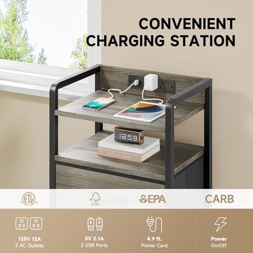Lazzanto Nightstand with Rear Charging Station, LED Light, 3 Drawers, Grey