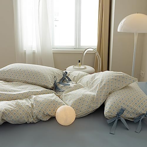 mixinni Blue Floral Duvet Cover Set Queen - 3 Piece Cottagecore Bedding Set with Bow Ties & Zipper Closure, 100% Cotton Soft Aesthetic Comforter Cover for Girls, Lightweight Breathable Country Style