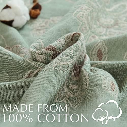 jinchan 100% Cotton Muslin Blanket Queen Boho Bed Blanket 80x90 Green/Beige