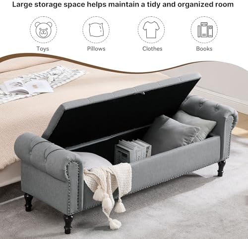 67 Inch Storage Bench for Bedroom, Linen End of Bed Bench, King Size Bench with Rolled Arms, Upholstered Tufted Button Storage Ottoman Benches, Living Room, Entryway, Oyster Grey
