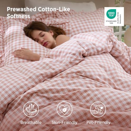 Bedsure Gingham Ruffle Duvet Cover Set, King, Cotton-Like Quilt Cover, Pink