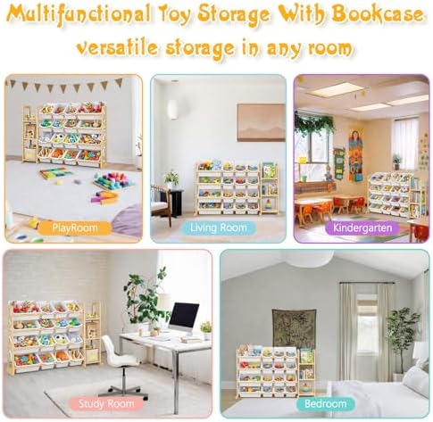 Kids Toy Storage Organizer with Bookshelf – Wooden Shelf with 16 Bins & 3 Shelves, Quick Assembly Storage Rack for Playroom, Bedroom, Nursery - White