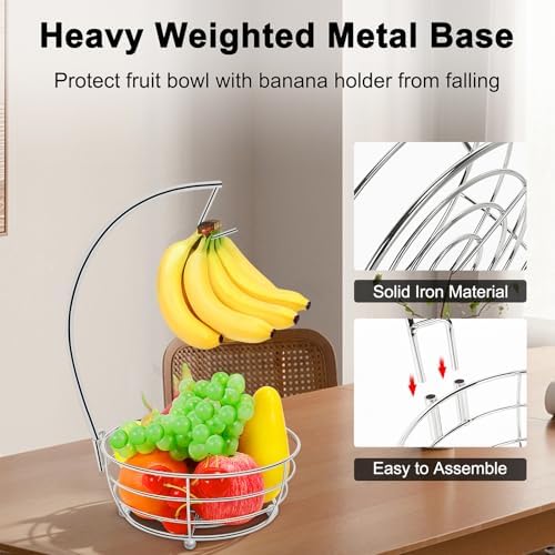 Livabber Countertop Fruit Basket Bowl with Banana Hanger, Modern Standing Fruit Vegetable Bowl Storage, with Banana Tree Holder for Kitchen Dinning Table (Round Metal, Chrome)
