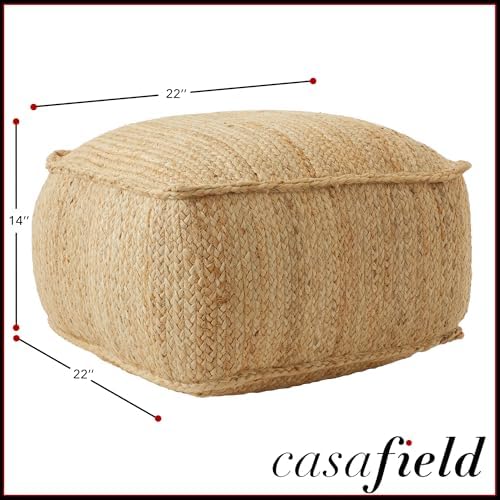 Casafield Braided Jute Pouf, Large Square Pouf Ottoman, 22" W x 22" D x 14" H Woven Jute Footrest, Decorative Indoor Boho Home Accent for Living Room