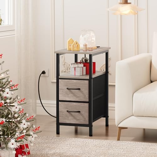 Vagusicc End Table with Charging Station, Narrow Side Table, 23.8'' Tall Nightstand with 2 Fabric Drawers, Small Sofa Side Table Narrow Nightstand for Small Spaces, Living Room, Bedroom, Rustic Grey
