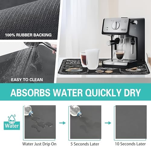 Fun Coffee Bar Mat, 19inx12in, Absorbent, Anti-Slip, Fits Under Coffee Machine