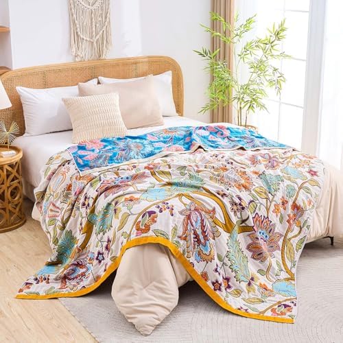 XIBLC Boho Throw Blanket for Bed, 100% Cotton Soft Rustic Quilt Fall Blanket, 90"x98" Floral Printed Farmhouse Decor Bed Blankets, All Season Rustic Reversible Bohemian Throw Quilt