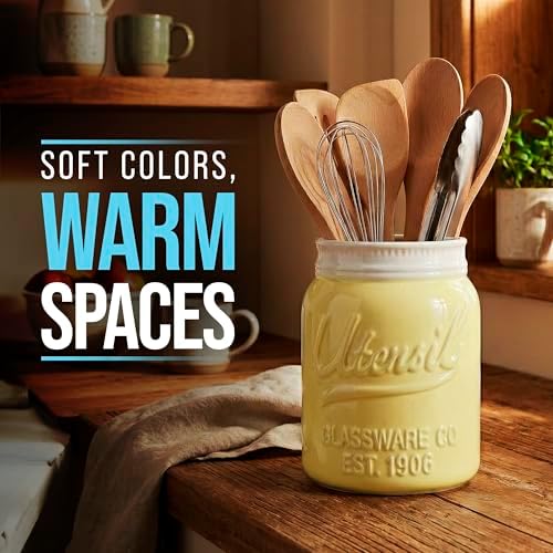 Comfify Yellow Mason Jar Utensil Holder – Wide Mouth Ceramic – Farmhouse