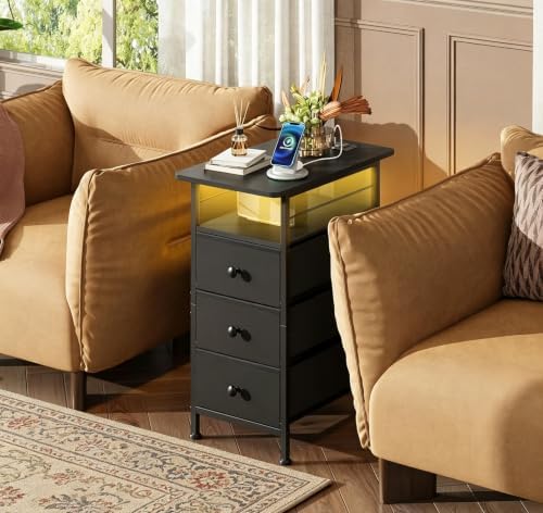 WLIVE Night Stand with Charging Station, End Table with 3 Fabric Drawers