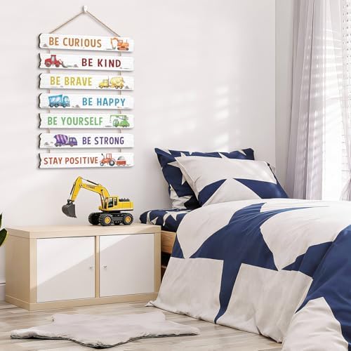 HLNIUC Construction Room Decor for Boys,Motivational Transportation Positive Quotes Hanging Plaque,Cartoon Truck Wall Art,Inspiring Classic Vehicle Hanging Sign for Kids Room Playroom Nursery Decor