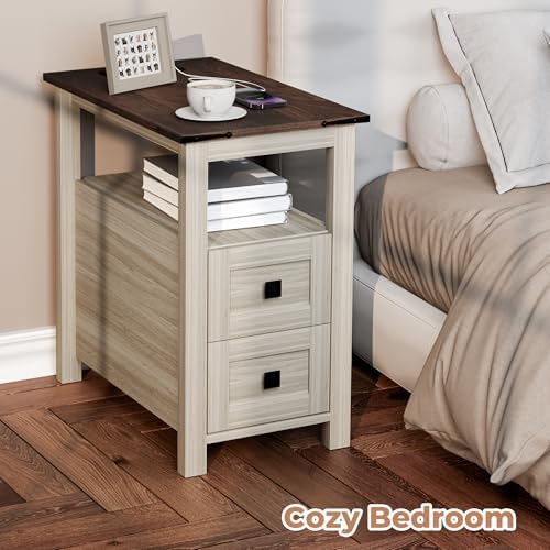 VVFLU Farmhouse End Table with Charging Station and 2 Drawers,Grey Wood Nightstand Narrow, Skinny Side Table Rustic, Slim Bedside Table, Open Shelf, Small for Bedroom, Living Room, Sofa
