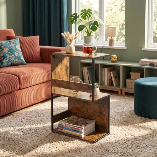 Narrow End Table for Small Spaces - Slim Side Table, S Shape Design Narrow End Tables Living Room,Skinny Bedroom Nightstand Thin Side Magazine Bookshelf (Rustic Brown)