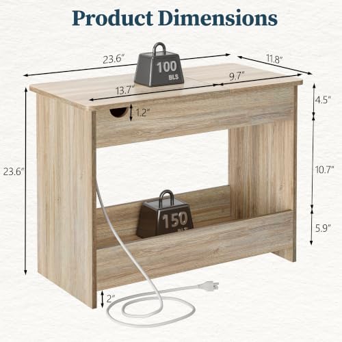 TIQLAB Flip Top End Table with Hidden Charging Station, 23 inch Side Table with Rounded Corner Design, Narrow Nightstand with Wood Shelf, Bedside Table for Living Room Bedroom, Maple