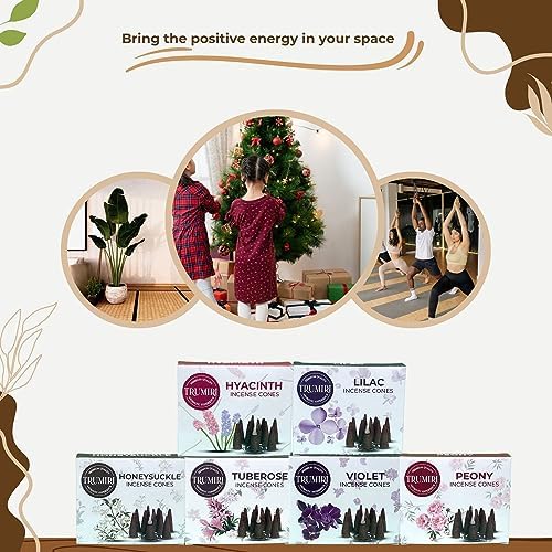 TRUMIRI Blossom Incense Cones - Variety Pack - Total 60 Cone Incense (6 Scents x 10 Conos) - Peony, Lilac, Violet, Honeysuckle, Hyacinth, Tuberose - Cone Incense Scents - Insense Cones - Incent Cone