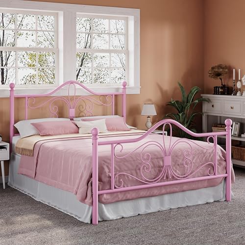 Allewie Metal Full Platform Bed Frame, Butterfly Pattern Design, Pink
