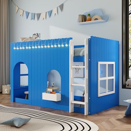 Merax Twin Loft Bed with Ladder and House-Style Frame, Klein Blue