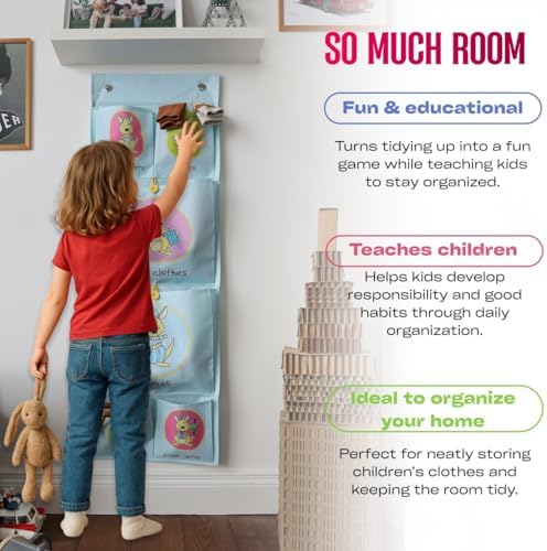 Cool-Stuff Kids Hanging Clothes Organizer – Over The Door Storage for Pajamas, Toys, Socks – Wall Mount Closet Organizer for Toddler, Preschool, Kindergarten – Water-Resistant, Blue, 44x14.5