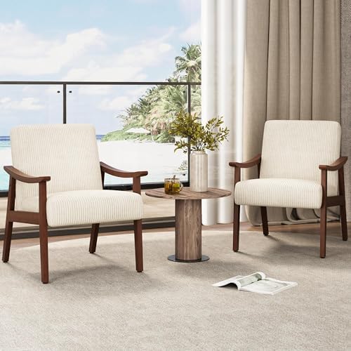 Yaheetech Accent Chairs Set of 2, Mid-Century Faux Leather Armchairs, Beige