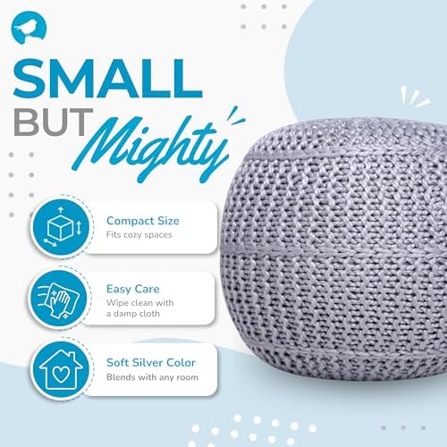 BIRDROCK HOME Round Pouf Foot Stool Ottoman - Knit Bean Bag Floor Chair - Cotton Braided Cord - Great for The Living Room, Bedroom and Kids Room - Small Furniture (Soft Silver)