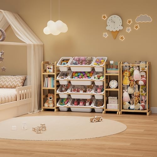 Toy Storage Organizer 12 Bins, 6 Shelves and Stuffed Animal Storage Tower, 3-in-1 Toy Organizers and Storage, Kids Storage Organizer for Playroom, Bedroom, Nursery (Wood-Plushies Storage)