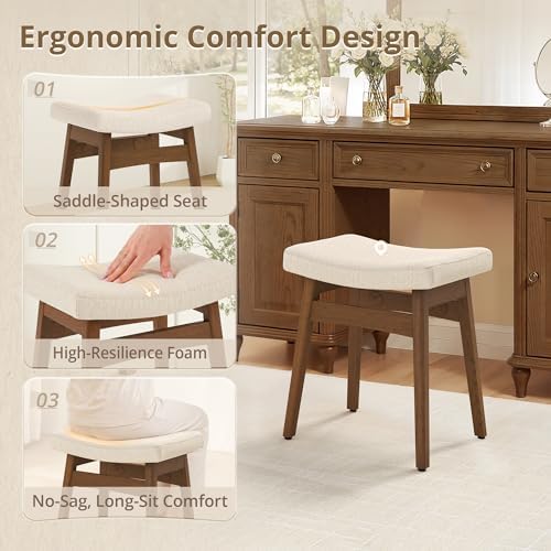 LUE BONA Vanity Saddle Stool with Wood Legs, Modern Vanity Chair for Makeup