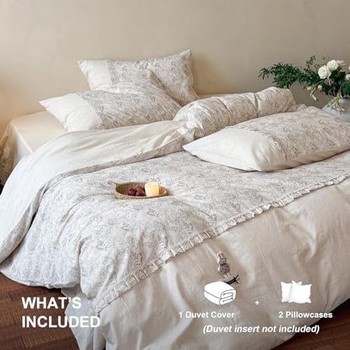 Queen Size Cotton Linen Duvet Cover 90"×90",Cute Bedding Set 3 Pcs