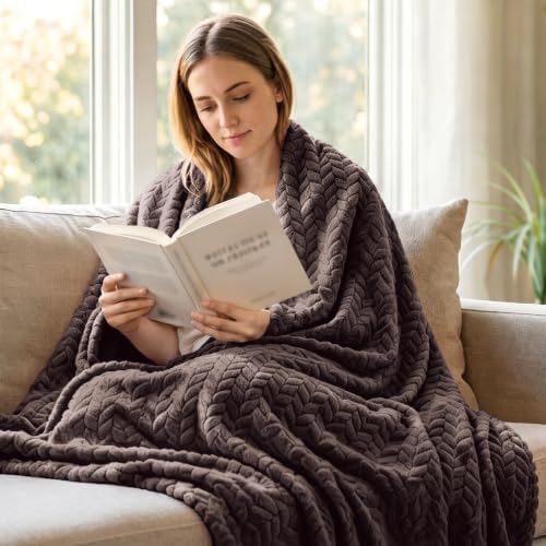 Exclusivo Mezcla Fleece Throw Blanket for Couch Sofa, 50”x70”, Coffee