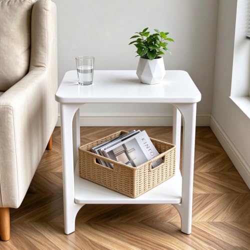 Solid Wood White Side Table for Living Room, Bedroom