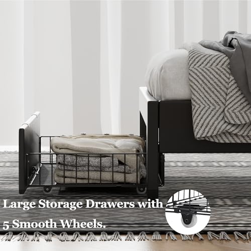 VECELO Twin Size Bed Frame with Storage Drawers, Leather Upholstered Bedframe with Diamond Tufted Headboard, Solid Wood Slat Support, No Box Spring Needed, PU Black
